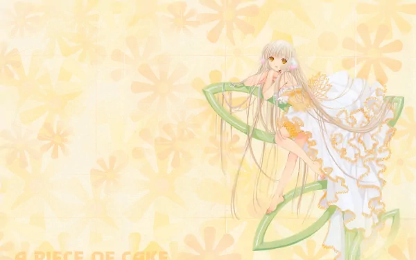 Anime HD PC desktop wallpaper featuring Chii (Chobits): delicate girl in a frilly white dress with long blond hair and green ribbon halos against a soft yellow floral background.