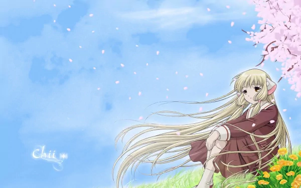 Chobits anime HD PC desktop wallpaper: Chii in a red kimono sits among flowers beneath cherry blossoms, petals drifting across a bright blue sky.