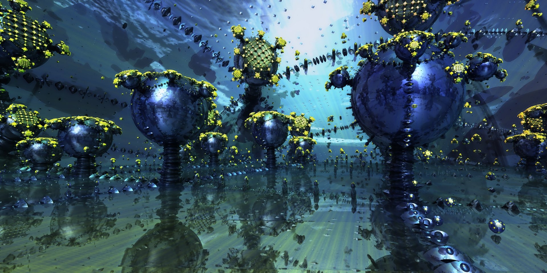 HD 3D CGI abstract desktop wallpaper featuring reflective metallic spheres connected by intricate gold and black geometric structures in a surreal underwater-like environment.