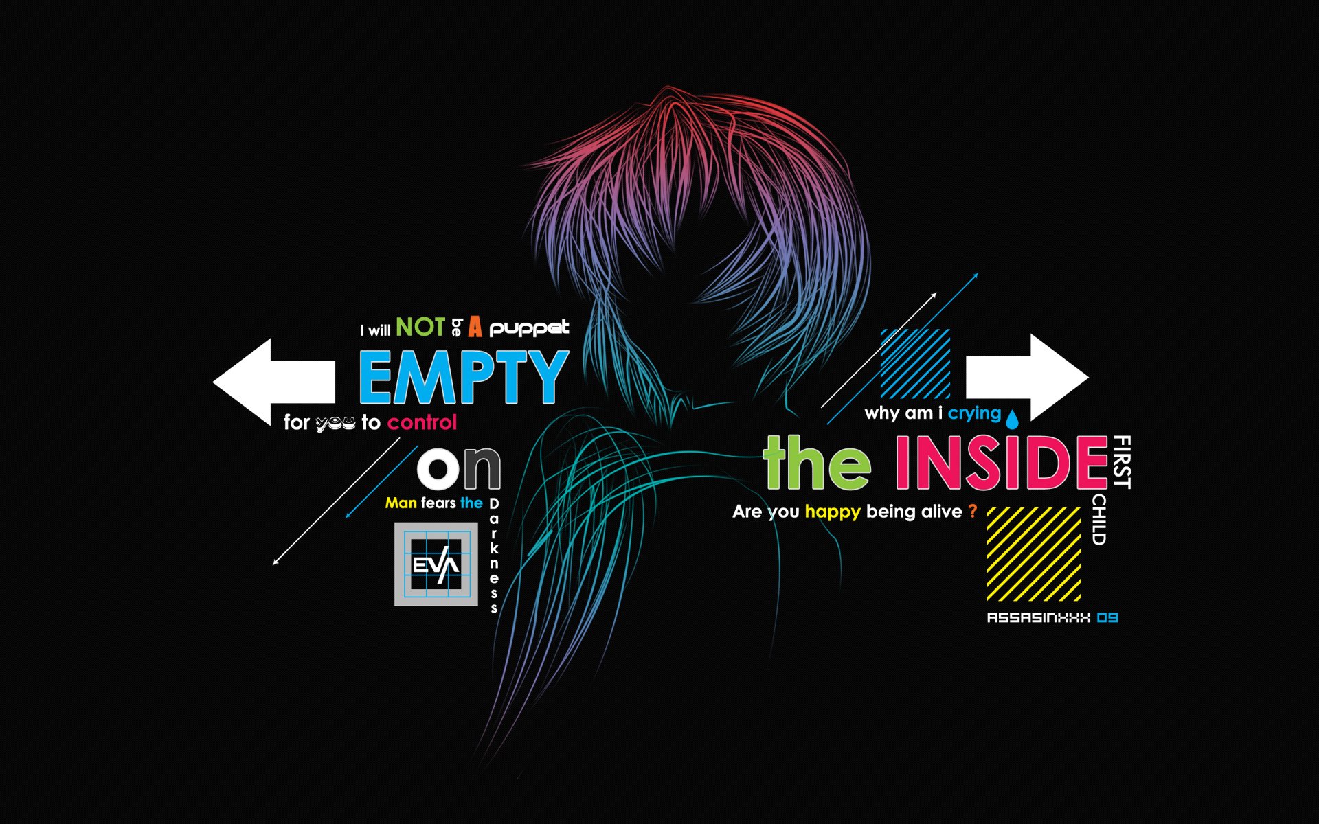 HD PC desktop wallpaper featuring a neon-lit silhouette from Neon Genesis Evangelion with bold, colorful text expressing inner struggle and emotional conflict.