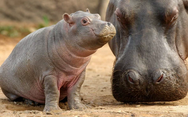 HD PC desktop wallpaper featuring a close-up of a baby hippo beside an adult hippo on sandy ground.