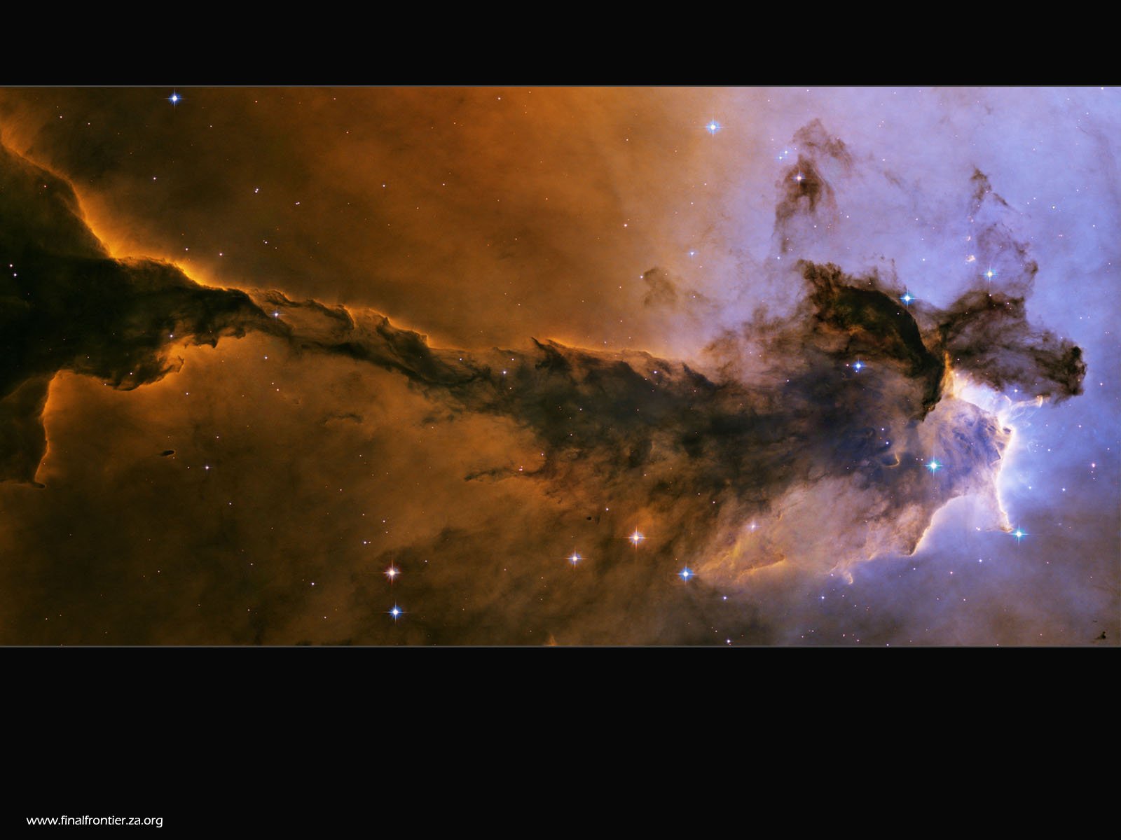 A stunning HD desktop wallpaper featuring a vibrant nebula, showcasing a blend of orange and purple hues with sparkling stars, embodying the essence of sci-fi aesthetics.