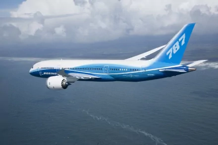 HD desktop wallpaper featuring a Boeing 787 Dreamliner airplane flying over the ocean with a cloudy sky background.
