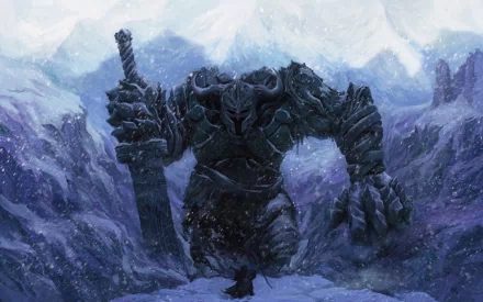 HD fantasy PC desktop wallpaper featuring a towering armored giant wielding a massive sword, set in a snowy mountainous landscape.