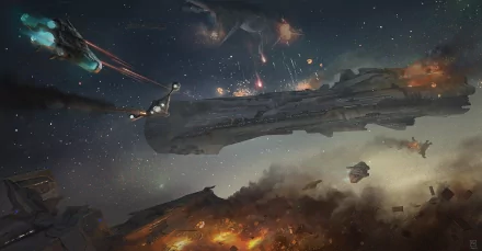 An HD wallpaper featuring a futuristic sci-fi battleship engaged in a fiery space battle, with smaller spacecraft and explosions in the background.
