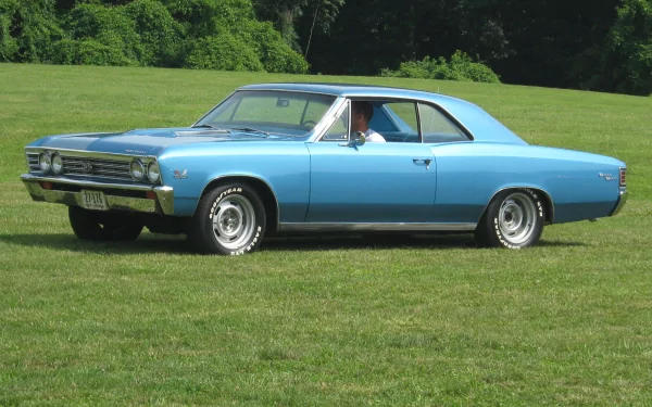 2K Quad HD PC desktop wallpaper featuring a sky-blue Chevrolet classic two-door coupe parked on a green lawn with trees in the background.