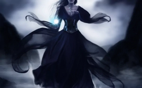 A dark sorceress in flowing black attire stands amidst swirling mist, holding a glowing orb, embodying a mystical and powerful aura in this HD wallpaper.