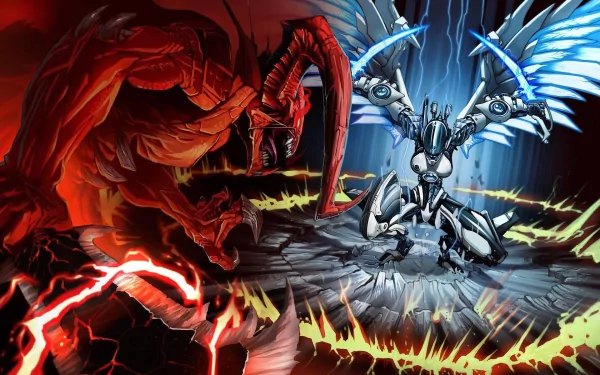 An epic Yu-Gi-Oh! scene featuring a fierce dragon and a powerful warrior, set against a dynamic backdrop, creating a stunning HD desktop wallpaper.