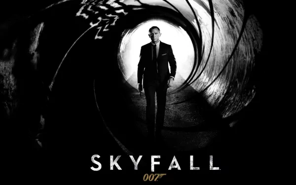 HD desktop wallpaper featuring Daniel Craig as James Bond in the iconic gun barrel scene from the movie Skyfall.