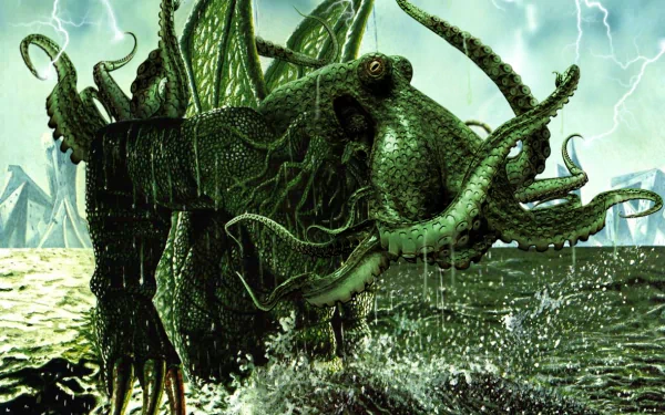A fantasy creature inspired by Cthulhu rises from tumultuous waters, showcasing intricate details against a dramatic, stormy backdrop in this HD desktop wallpaper.