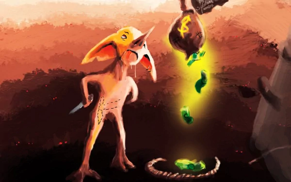 A fantasy HD PC desktop wallpaper depicting a goblin-like creature battling while money glows and floats, featuring elements of gnome, elf, and sykol in a dramatic scene.