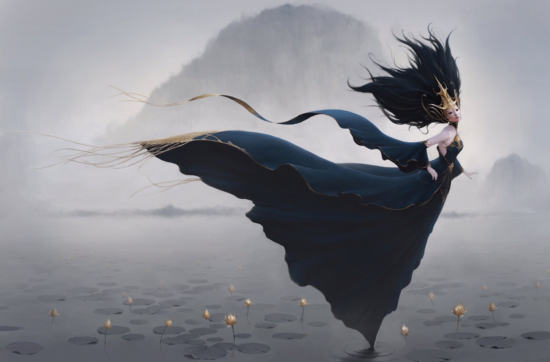 HD desktop wallpaper features a mystical fairy with flowing black hair and a dark gown standing over a tranquil water scene with distant foggy mountains.