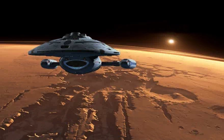 A sleek spaceship hovers over the Martian surface, illuminated by a distant sun. This vibrant HD wallpaper evokes the adventurous spirit of Star Trek and the wonders of space exploration.