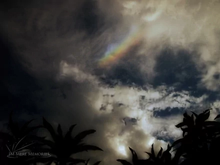 2K Quad HD PC desktop wallpaper: dramatic storm clouds with a faint rainbow arc breaking through above silhouetted foliage.