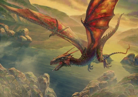 HD fantasy PC desktop wallpaper featuring a detailed red dragon soaring above rocky cliffs with a dramatic sky backdrop.
