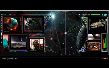 HD PC desktop wallpaper depicting a sci-fi spaceship interface with detailed views of planets, spacecraft, and cosmic visuals against a dark cosmic background.