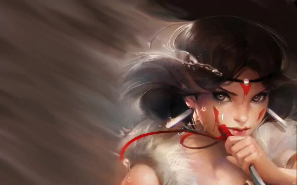 A vibrant HD desktop wallpaper featuring a character from Princess Mononoke, showcasing intense expression and dynamic movement with striking colors and details.