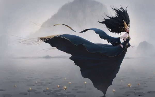 HD desktop wallpaper features a mystical fairy with flowing black hair and a dark gown standing over a tranquil water scene with distant foggy mountains.