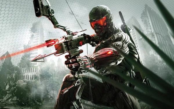 Dynamic HD wallpaper featuring Laurence 'Prophet' Barnes from Crysis 3, showcasing intense action with futuristic weaponry in a post-apocalyptic setting.