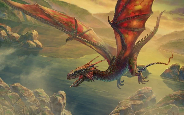 HD fantasy PC desktop wallpaper featuring a detailed red dragon soaring above rocky cliffs with a dramatic sky backdrop.