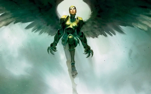 HD fantasy desktop wallpaper depicting a fierce angel warrior in green armor descending through misty clouds with glowing light behind.