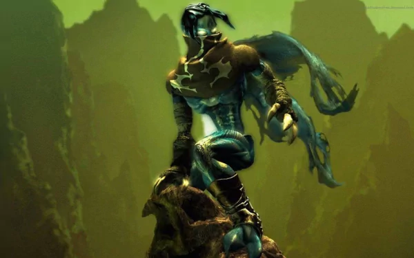 HD PC desktop wallpaper featuring a dark, atmospheric character from the video game Legacy of Kain: Soul Reaver amidst a green, misty background.