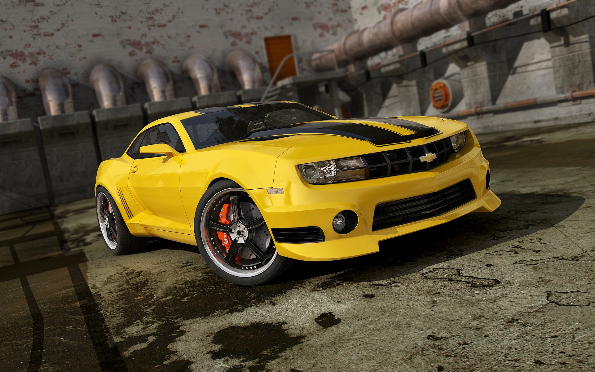 HD desktop wallpaper featuring a yellow Chevrolet Camaro with black racing stripes parked in an industrial setting.