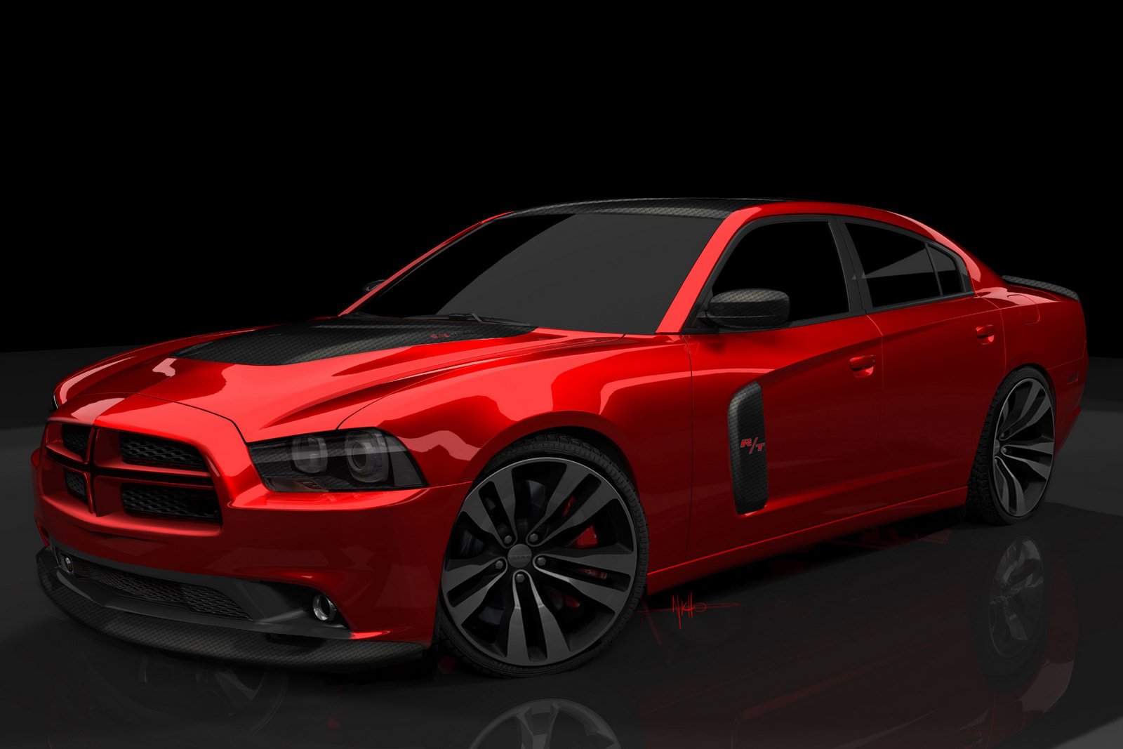 HD desktop wallpaper featuring a sleek red Dodge vehicle with black accents, displayed against a dark background.