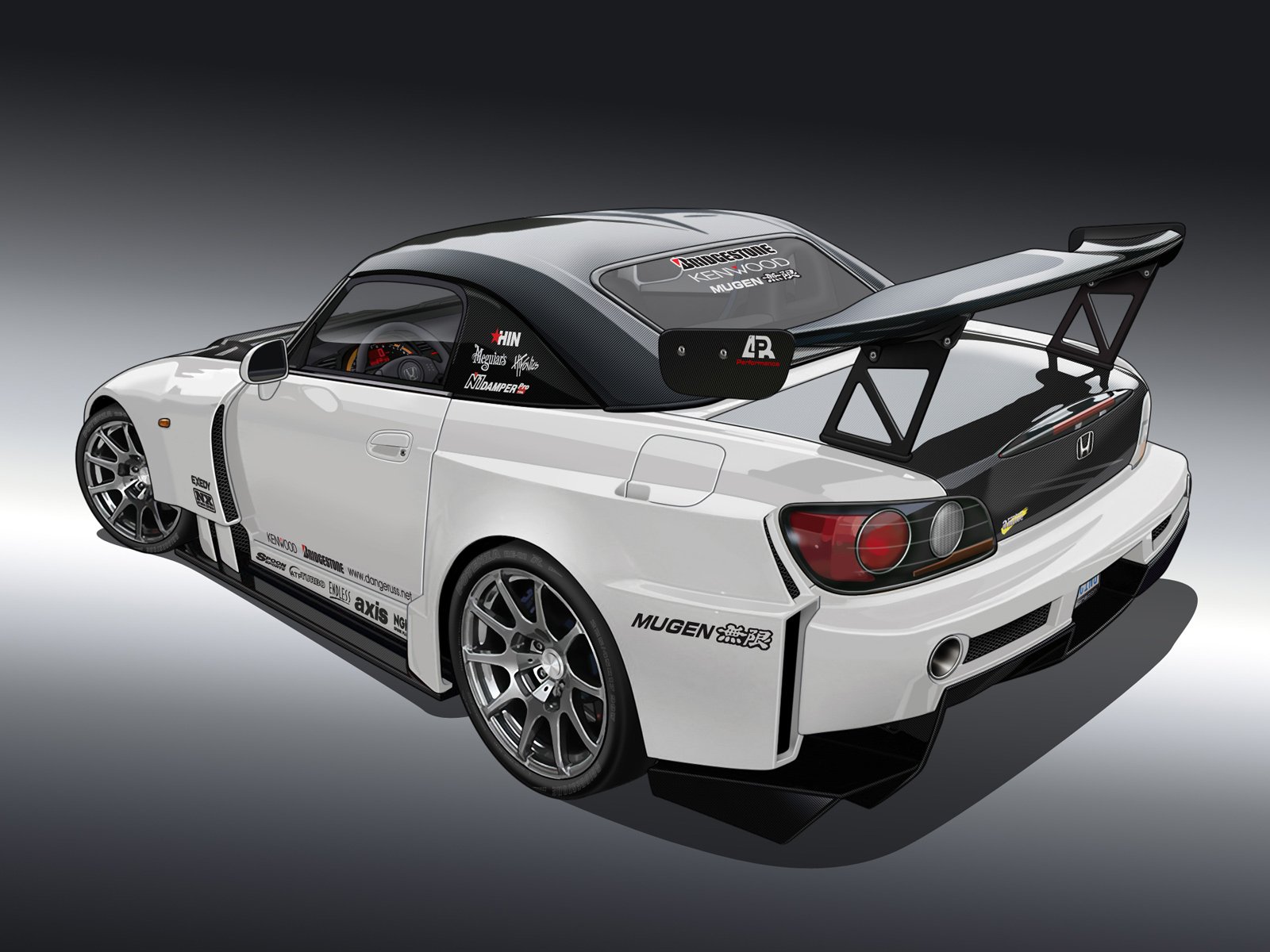 HD PC desktop wallpaper background: white Honda sports vehicle with widebody kit, Mugen decals and large rear wing, studio-lit rear three-quarter view.