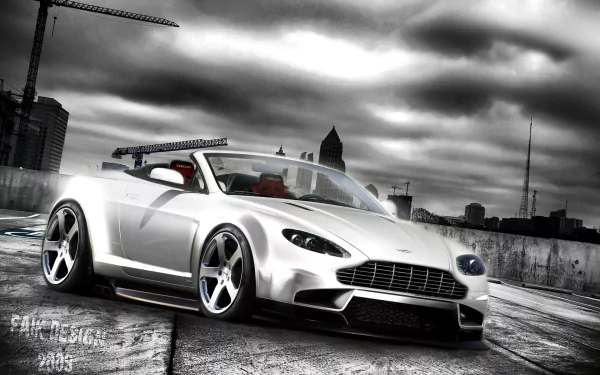 HD PC desktop wallpaper of a white Aston Martin V8 Vantage sports car with red interior and chrome wheels parked on an urban rooftop under dramatic cloudy skies, city skyline and cranes behind.