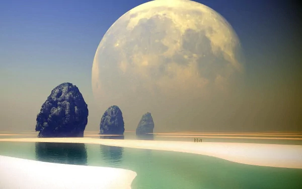 A stunning sci-fi scene featuring a massive moon rising over tranquil waters, with unique rock formations and a serene beach, creating an enchanting extraterrestrial landscape.