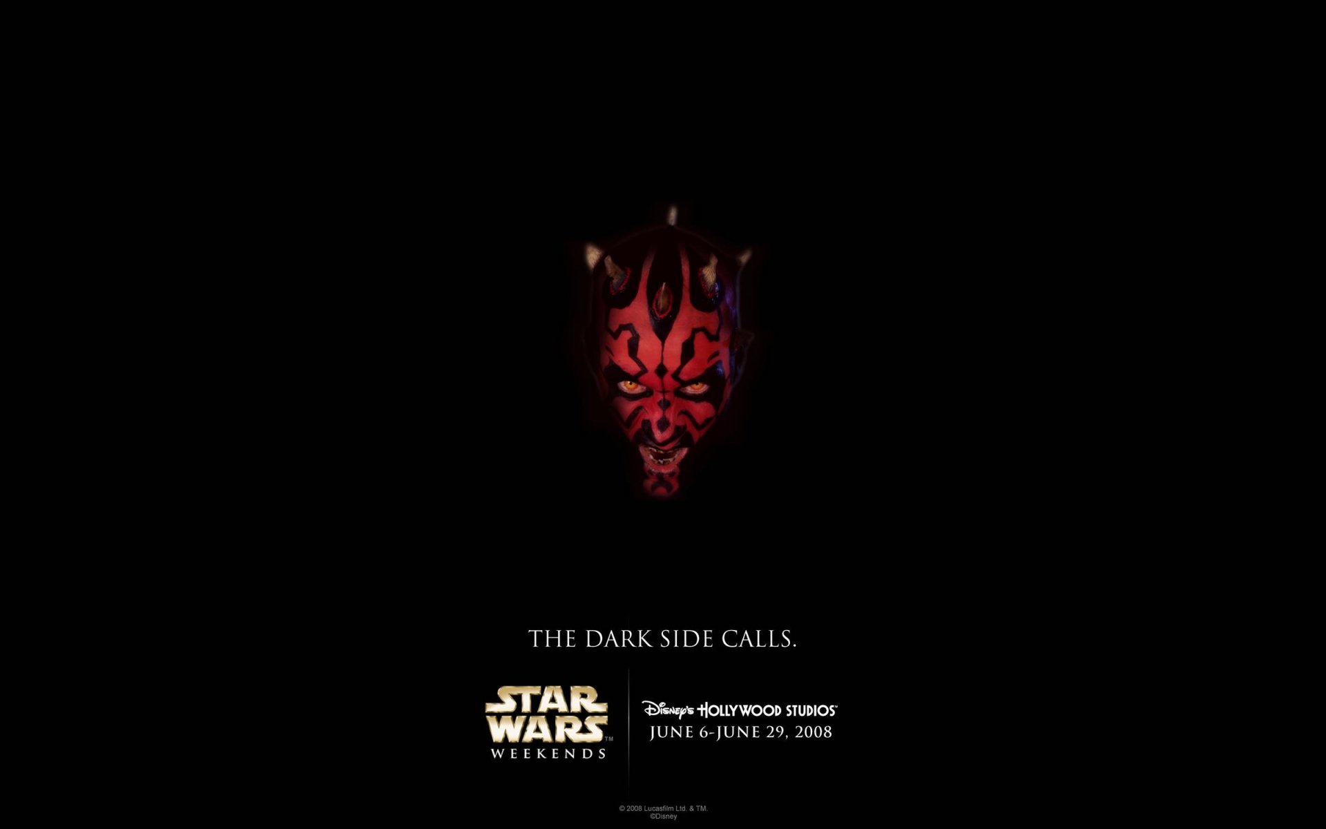 HD PC desktop wallpaper — Star Wars movie art: red-and-black Darth Maul mask emerging from black with The Dark Side Calls text and Star Wars event logos.