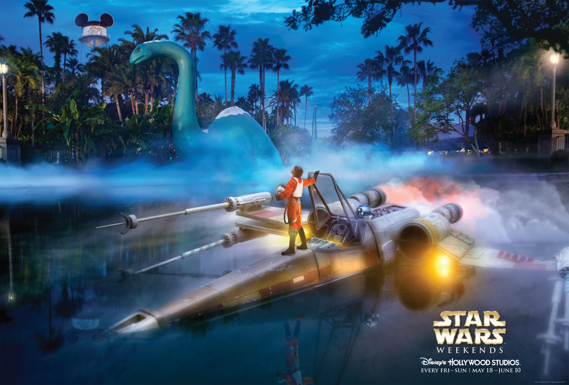 HD PC desktop wallpaper featuring a Star Wars scene with an X-wing fighter pilot preparing for takeoff against a misty, palm-lined backdrop at night.