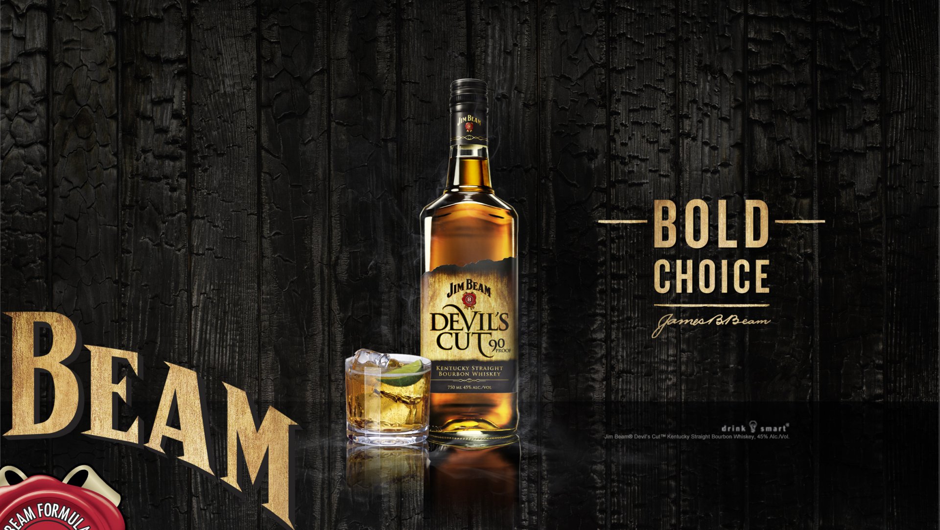 HD PC desktop wallpaper featuring a bottle of Jim Beam Devil’s Cut whisky with a glass of whisky on the rocks against a dark, textured background with the text Bold Choice.