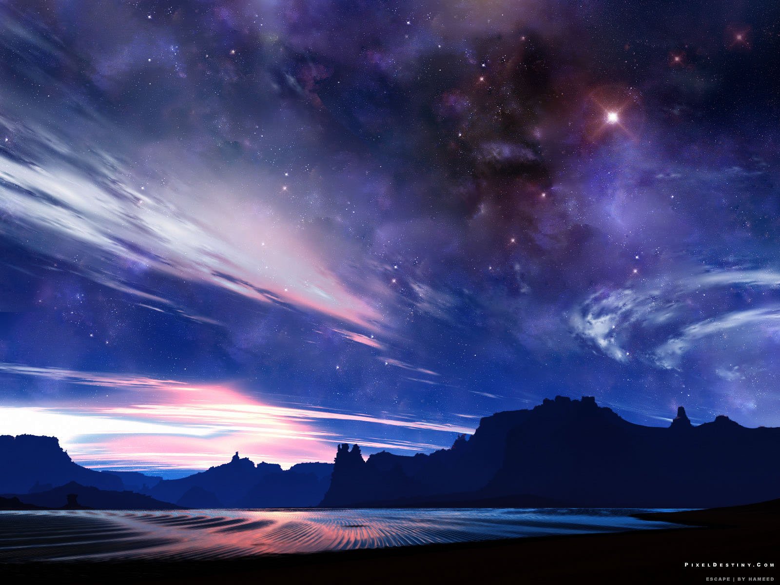 HD sci-fi landscape with rugged mountains under a vibrant starry sky, featuring swirling clouds and cosmic hues, designed as a PC desktop wallpaper and background.
