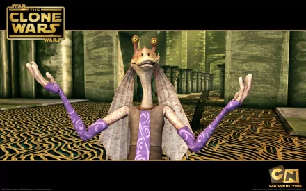 HD desktop wallpaper featuring Jar Jar Binks from the TV show Star Wars: The Clone Wars (2008), with a detailed indoor background and the show's logo.