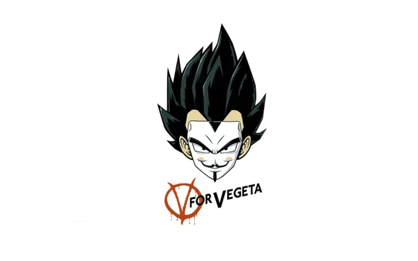 HD desktop wallpaper featuring Vegeta from Dragon Ball Z, with his fierce expression and spiky hair, against a white background. The text V for Vegeta appears below his face, adding a bold, graphic element.