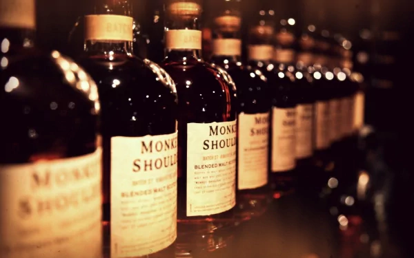 HD desktop wallpaper featuring a close-up of whisky bottles lined up, highlighting rich amber tones and textured labels, with a warm, inviting ambiance.