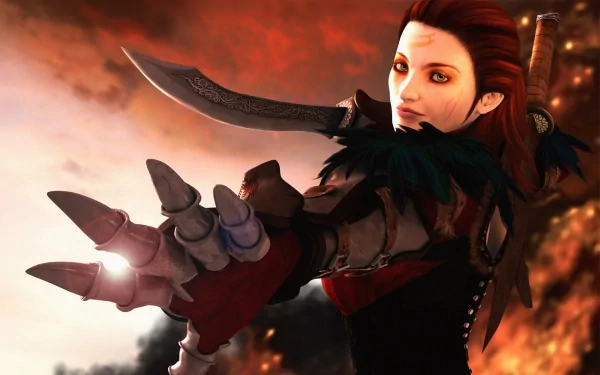 HD PC desktop wallpaper from the video game Dragon Age: Origins featuring a fierce female character reaching forward with a sword against a fiery background.