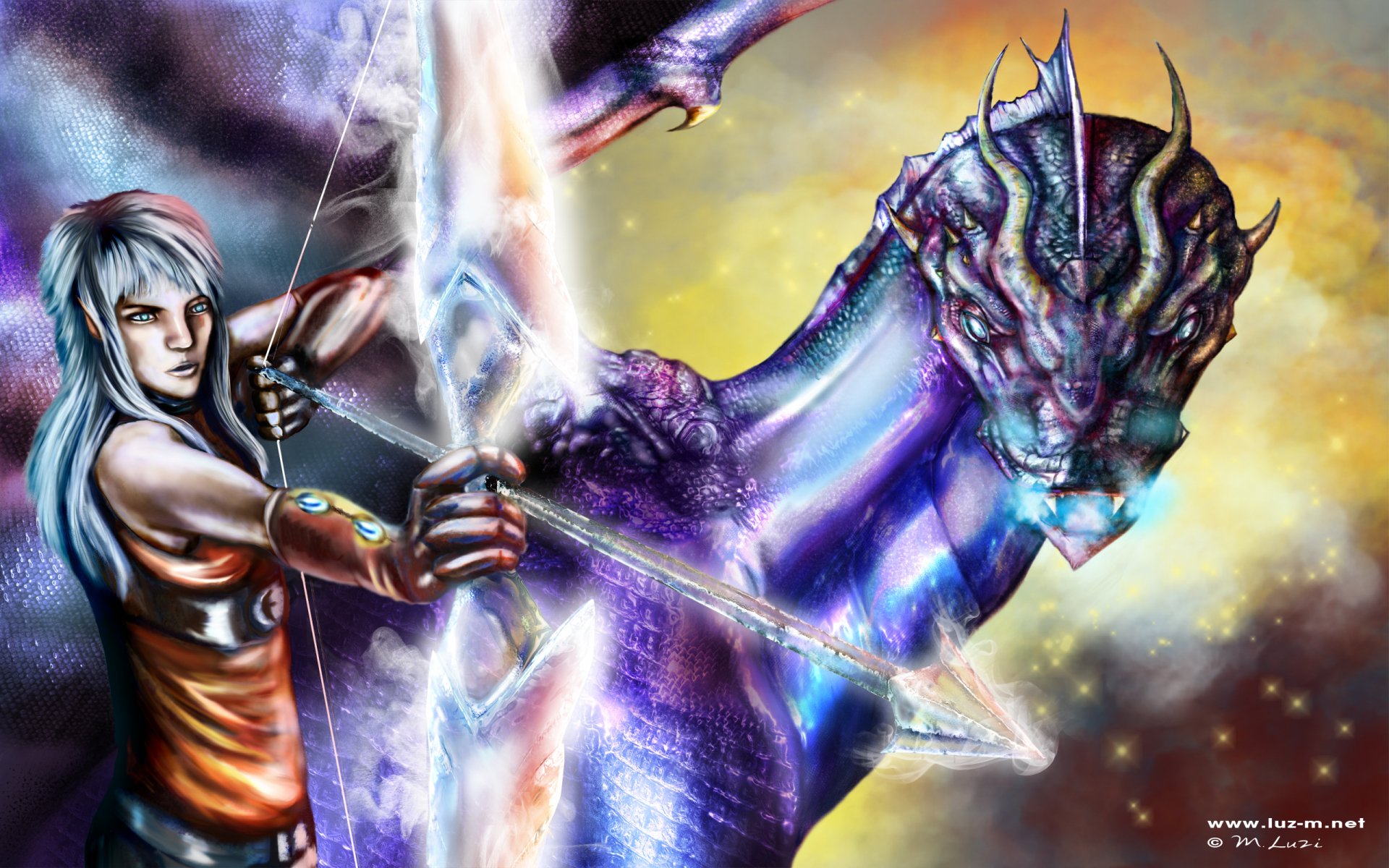 HD PC desktop wallpaper of a blue, ice-themed fantasy dragon facing a silver-haired archer drawing a glowing bow amid a mystical, fiery background.