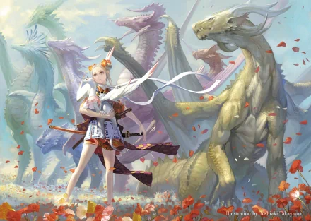 A fantasy-themed HD desktop wallpaper featuring a warrior standing confidently amidst a group of majestic dragons, set against a vibrant, colorful landscape.