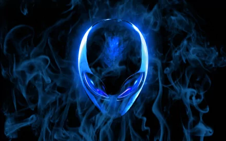 A high-definition Alienware desktop wallpaper featuring a glowing blue alien head surrounded by swirling smoke, representing technology and innovation.
