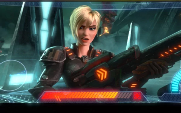 HD PC desktop wallpaper featuring a character from the movie Wreck-It Ralph holding a futuristic weapon in a high-tech environment.