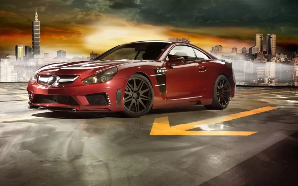 Red sports car vehicle angled on a rooftop parking deck against a dramatic city skyline at sunset — HD PC desktop wallpaper background, high-detail automotive scene.