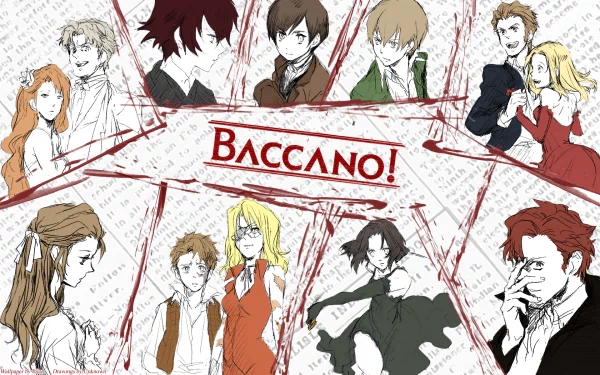 HD PC desktop wallpaper featuring multiple characters from the anime Baccano! arranged in a collage style with a red and white color scheme.