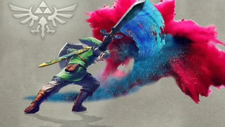HD desktop wallpaper featuring Link from The Legend of Zelda: Skyward Sword wielding his sword amidst vibrant splashes of red and blue paint.