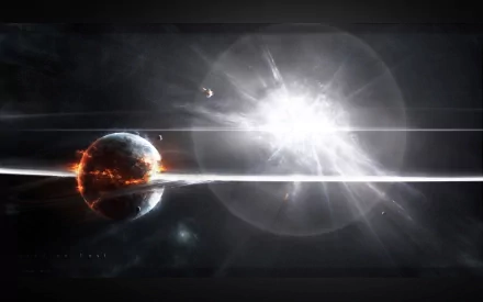 A dramatic CGI HD wallpaper depicting a supernova explosion in space, with a burning planet and moon illuminated by intense energy and cosmic destruction.