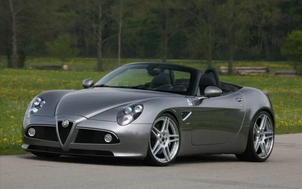 HD desktop wallpaper showcasing a sleek silver Alfa Romeo 8C Spider parked on a road with greenery in the background.