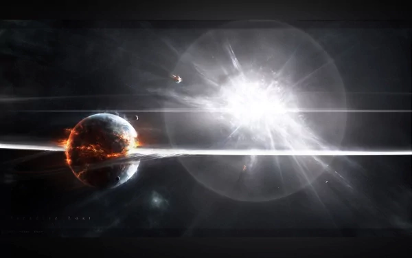 A dramatic CGI HD wallpaper depicting a supernova explosion in space, with a burning planet and moon illuminated by intense energy and cosmic destruction.