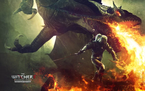 HD desktop wallpaper from The Witcher 2: Assassins of Kings featuring a warrior battling a fire-breathing dragon in a dramatic video game scene.